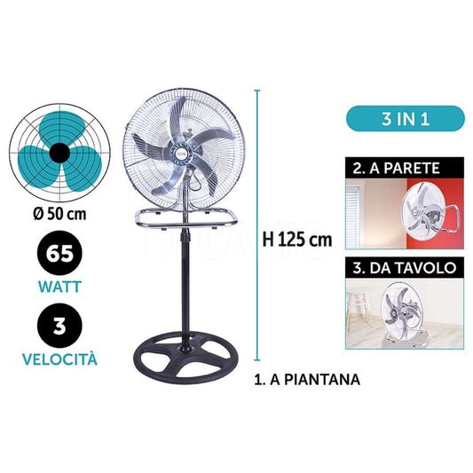 DCG Ventilatore 3 in 1 a Piantana, Parete e Tavolo, 60W, Diametro 49 cm, Altezza Massima 130 cm, 3 Velocità