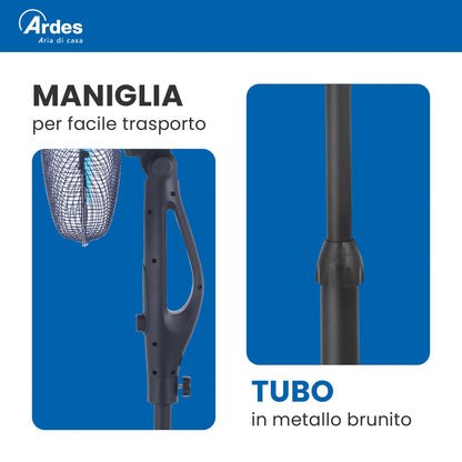 Ardes EASY 41PB PLUS Ventilatore da Pavimento 50W 40 cm con Oscillazione Automatica, Altezza Regolabile fino a 130 cm, Inclinazione Regolabile, 3 Velocità Silenziose e 3 Pale