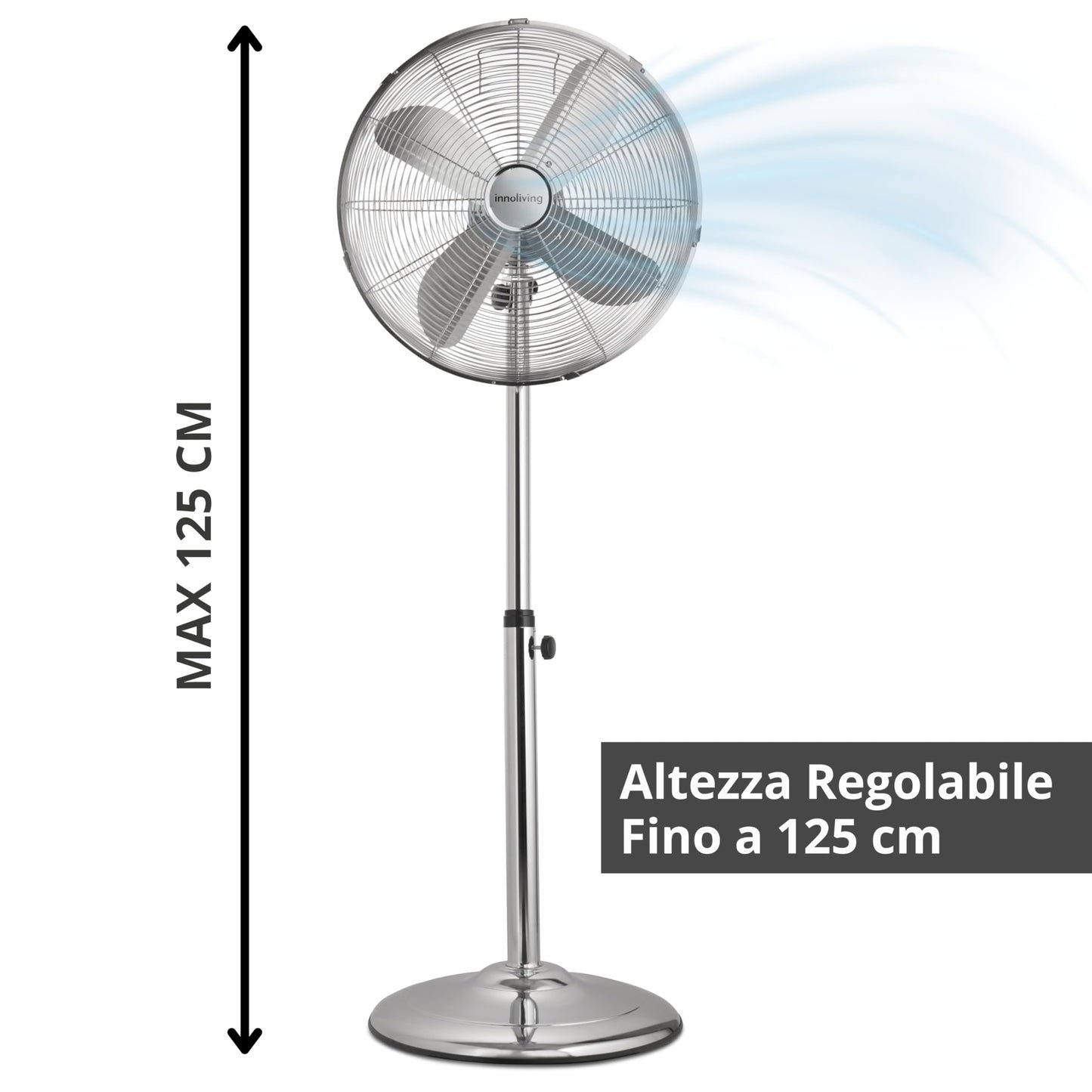 Innoliving INN-522 Ventilatore a Piantana in Metallo Cromato, Potenza 50W, Diametro 40 cm, 3 Velocità, Altezza Regolabile fino a 125 cm, 4 Pale in Metallo, Funzione Oscillazione e Inclinazione