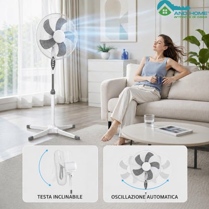 Ventilatore a Piantana Ø 40 cm BIANCO - FACILE MONTAGGIO - 50 W - 3 Velocità - STABILE e SILENZIOSO - Oscillazione Orizzontale - Altezza Regolabile 103-130 cm - Testa Inclinabile - Base a Croce