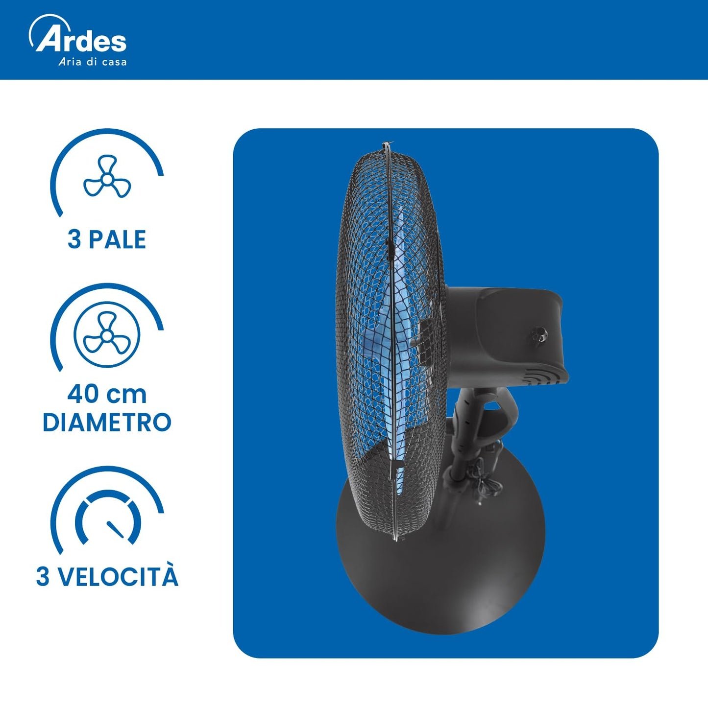 Ardes EASY 41PB PLUS Ventilatore da Pavimento 50W 40 cm con Oscillazione Automatica, Altezza Regolabile fino a 130 cm, Inclinazione Regolabile, 3 Velocità Silenziose e 3 Pale