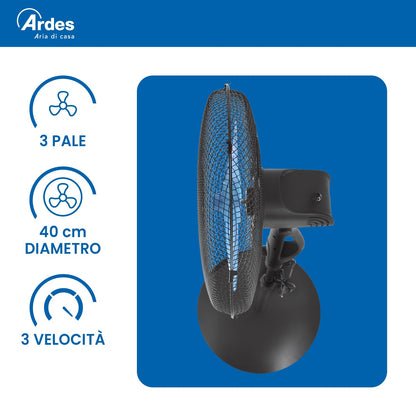 Ardes EASY 41PB PLUS Ventilatore da Pavimento 50W 40 cm con Oscillazione Automatica, Altezza Regolabile fino a 130 cm, Inclinazione Regolabile, 3 Velocità Silenziose e 3 Pale