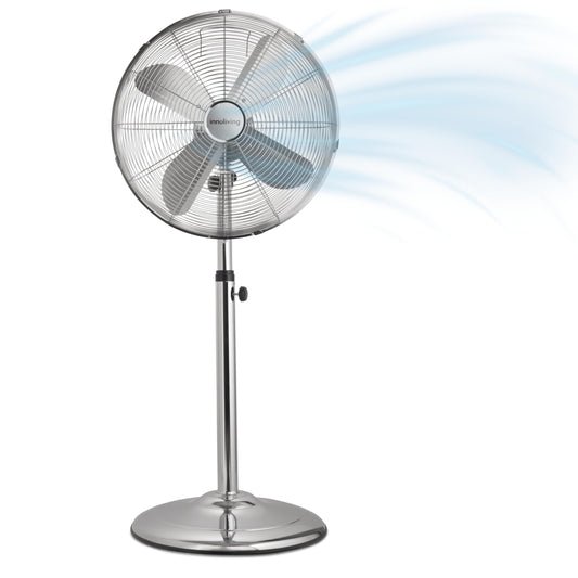 Innoliving INN-522 Ventilatore a Piantana in Metallo Cromato, Potenza 50W, Diametro 40 cm, 3 Velocità, Altezza Regolabile fino a 125 cm, 4 Pale in Metallo, Funzione Oscillazione e Inclinazione