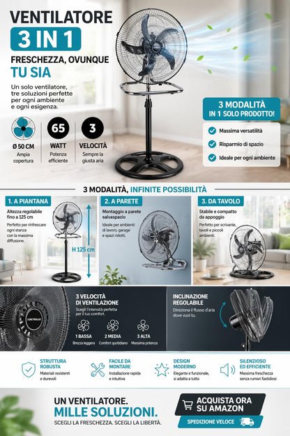 DCG Ventilatore 3 in 1 a Piantana, Parete e Tavolo, 60W, Diametro 49 cm, Altezza Massima 130 cm, 3 Velocità
