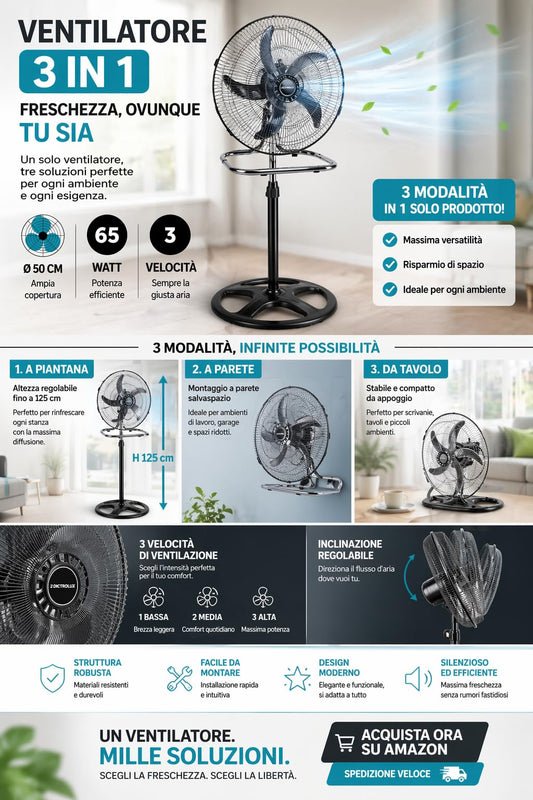 DCG Ventilatore 3 in 1 a Piantana, Parete e Tavolo, 60W, Diametro 49 cm, Altezza Massima 130 cm, 3 Velocità